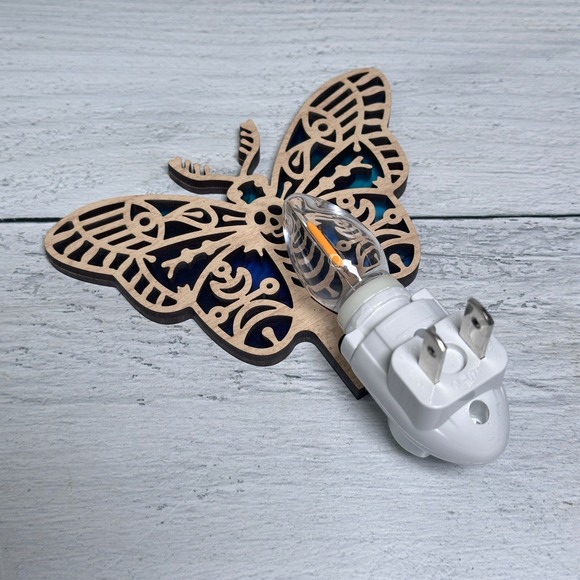 Handmade Death Moth Night Light Wooden Laser Cut Blue Purple Teal Illuminated - Picture 3 of 5